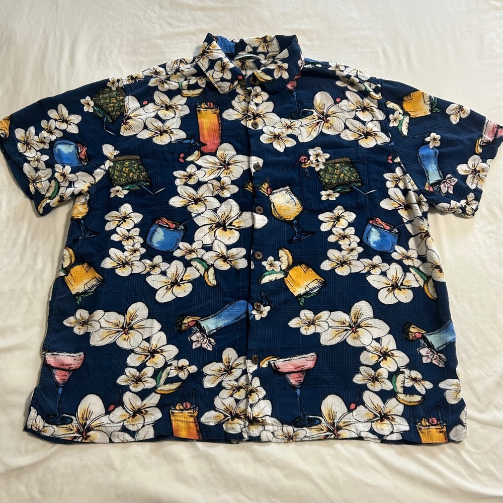 Caribbean Mens XL Navy Tropical Cocktail Floral Rayon Aloha Button Down Shirt